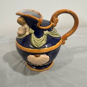 Antique Majolica Style Cherub Pitcher Blue Ceramic Art Nouveau
